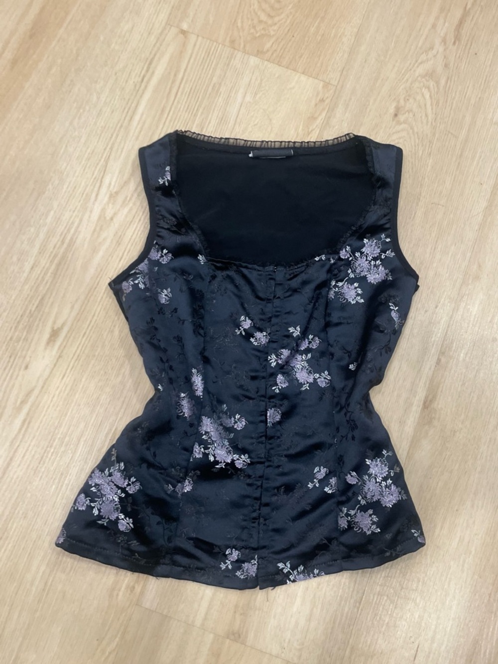 Vintage Y2K Fashion Bug black and lavender brocade corset top